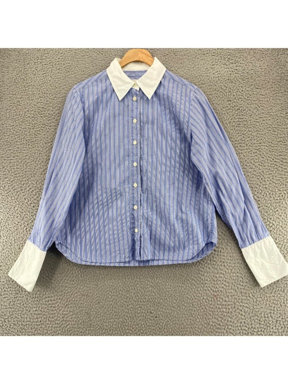 Talbots Shirt Womens 6 Petite VTG Blue Striped Cotton Button Up Contrast Collar